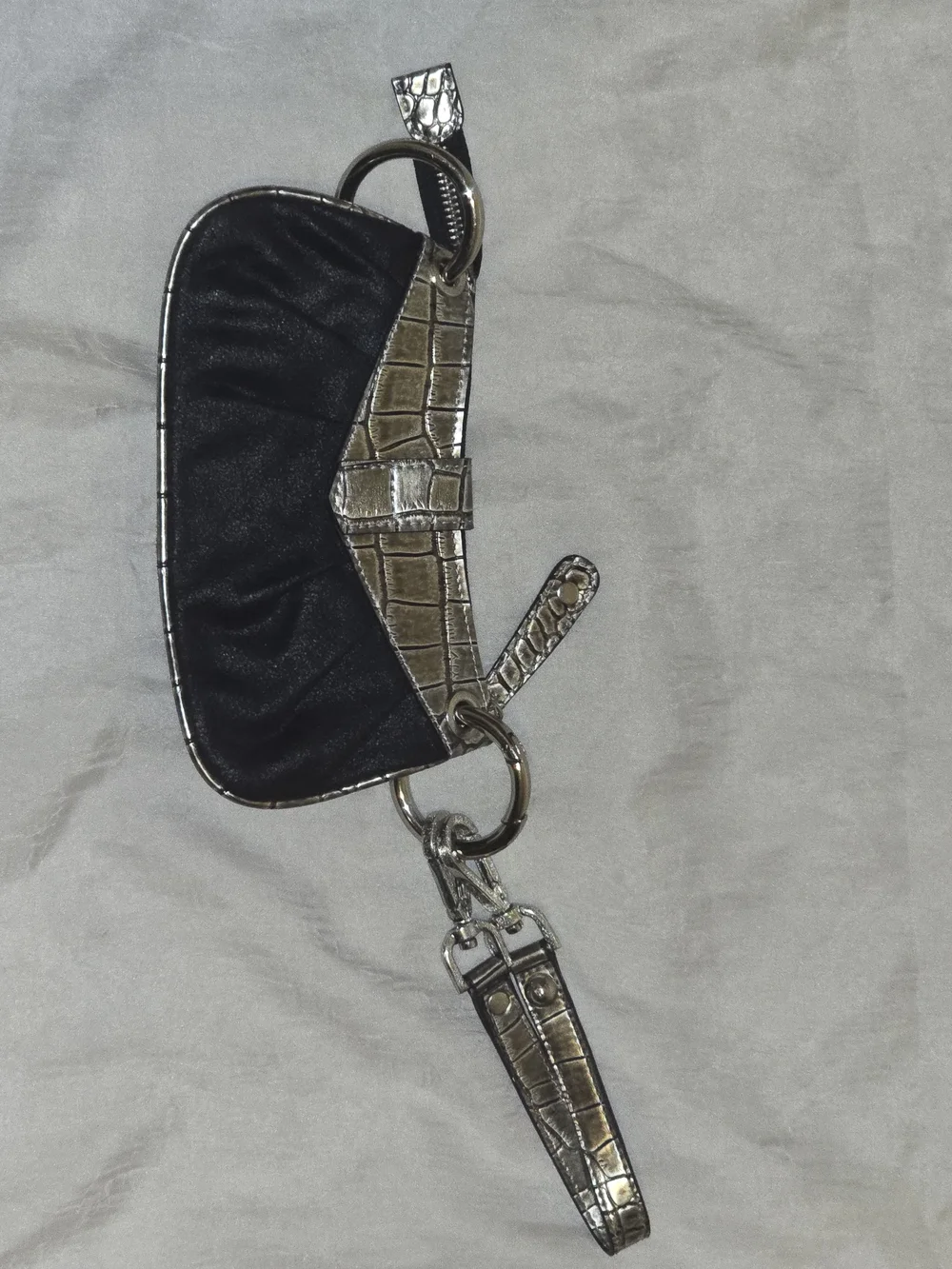 Guess Black Wristlet Clutch with Metallic Silver Croc Accents